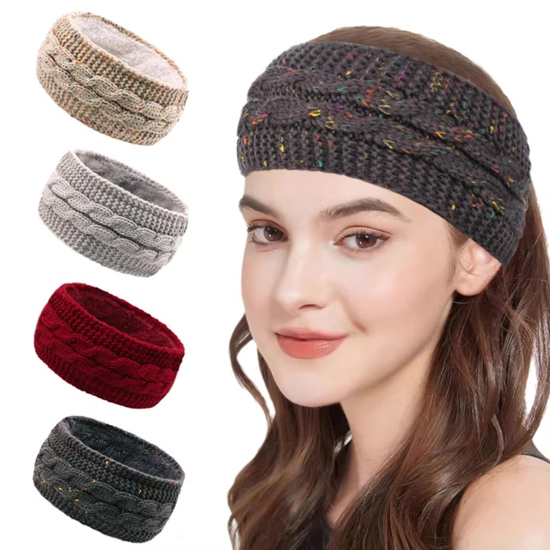 Fleece Ear Warmer Band - レディース 冬用 厚手ニット ヘアバンド トレンドのケーブルニット フリース素材