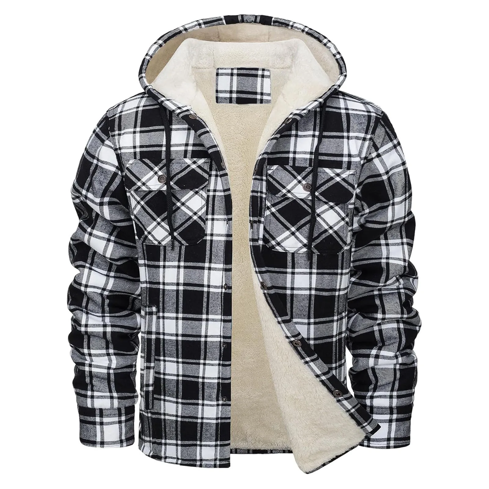 Flannel Shirt Lined - 厚く暖かいフランネルフード付きジャケットメンズシェルパフリース裏地冬コートボタンダウンファッションカジュアルチェック柄シャツジャケットポケット付き