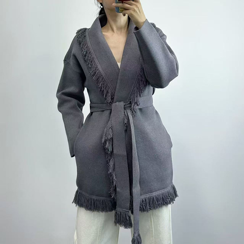 Wool Coat Peacoat - レディースフリンジロングウールニットカーディガン、レトロルーズラペル長袖コート、高品質、秋、新しいスタイル、2025。