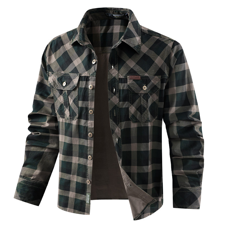 Flannel Shirt Lined - 男性チェック柄カジュアルシャツ男性軍事アウトドアルーズシャツマルチポケットツーリングシャツ品質綿男長袖シャツ