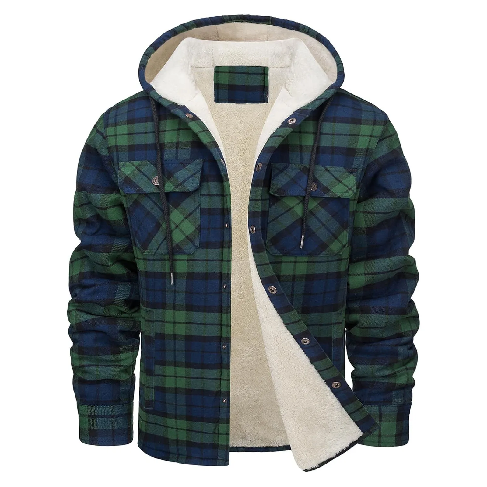 厚く暖かいフランネルフード付きジャケットメンズシェルパフリー - Flannel Shirt Lined のレビューと価格