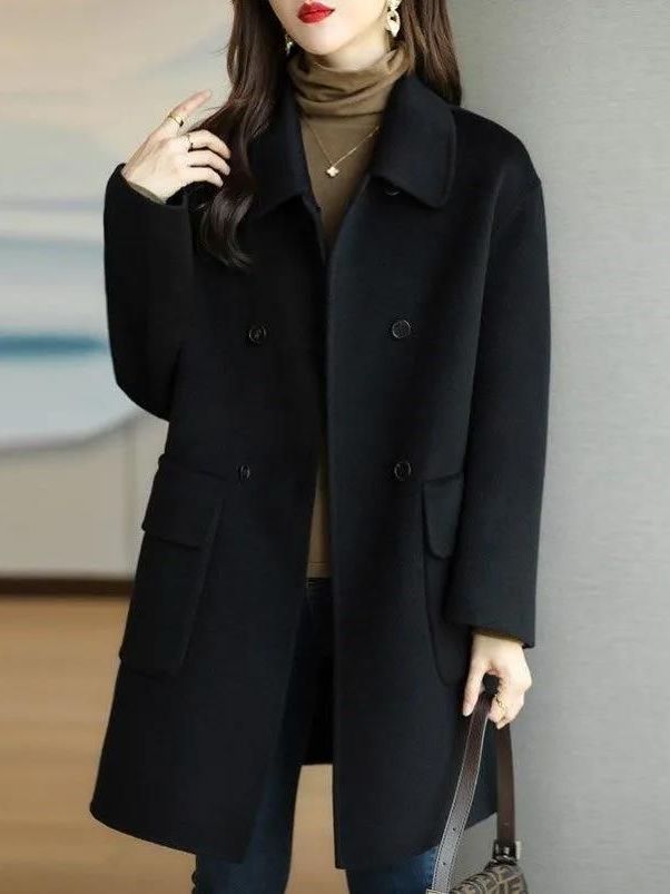 スタイリッシュなミドル丈ウールコート韓国風ハイウエストボタン - Wool Coat Peacoat のレビューと価格