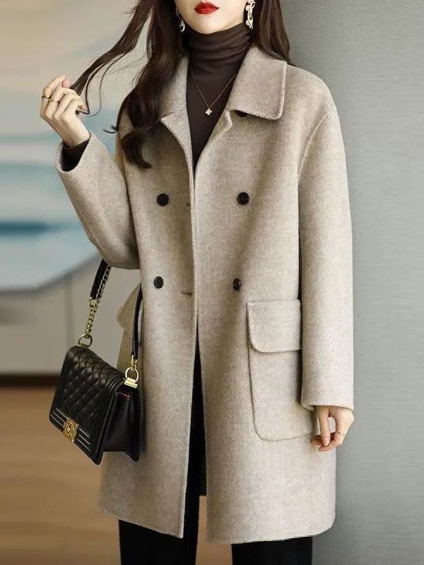 スタイリッシュなミドル丈ウールコート韓国風ハイウエストボタン - Wool Coat Peacoat のレビューと価格