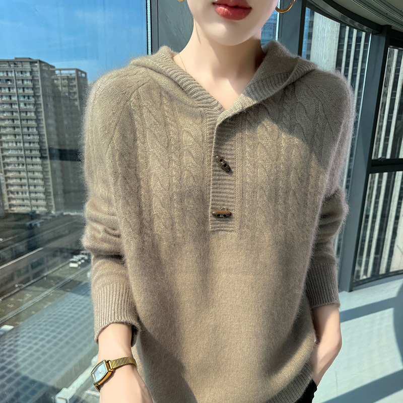 100% 純粋なミンクカシミヤニットフード付きセーター女性の - Wool Coat Peacoat のレビューと価格
